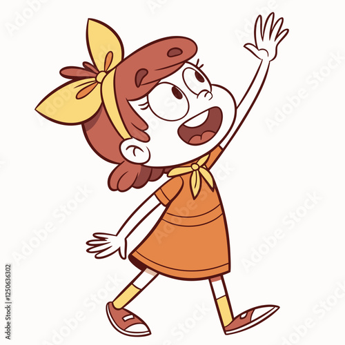 Excited cartoon girl waving cheerfully with a retro style illustration