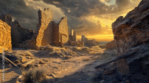 Charming Sunset Over Ancient Chaco Culture Ruins Surrounded by Dramatic Skies and Desert Landscape photo