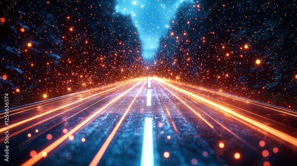 Glowing highway through cosmic forest at night Glowing highway through cosmic forest at night