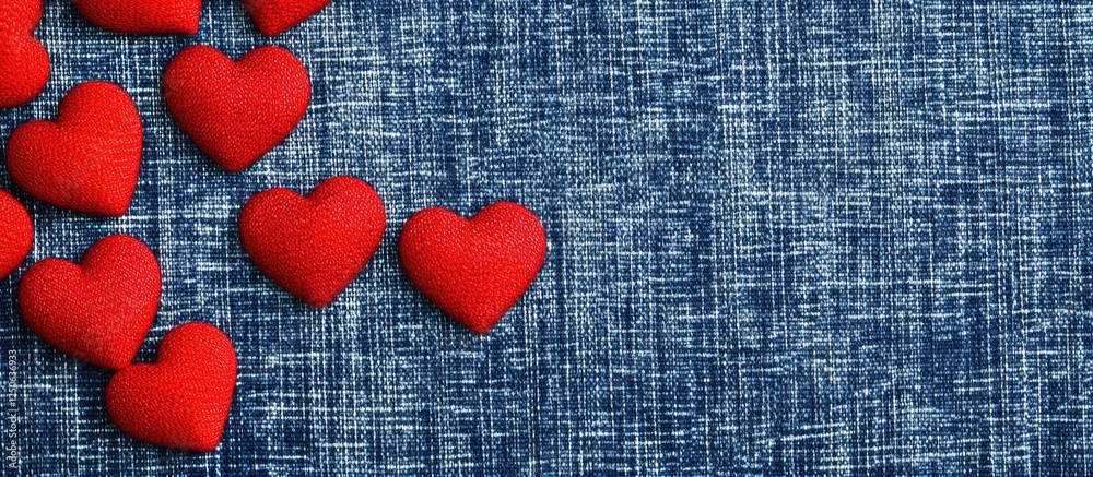 Red fabric hearts scattered on a textured denim background creating a romantic and playful composition for various design uses.