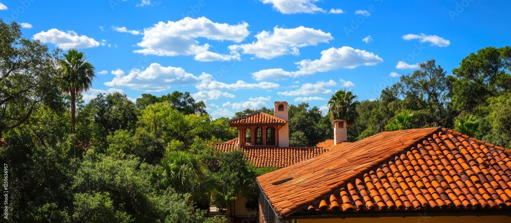 Charming red tiled roof under a bright blue sky surrounded by lush greenery and trees in a serene landscape setting. Charming red tiled roof under a bright blue sky surrounded by lush greenery and trees in a serene landscape setting.