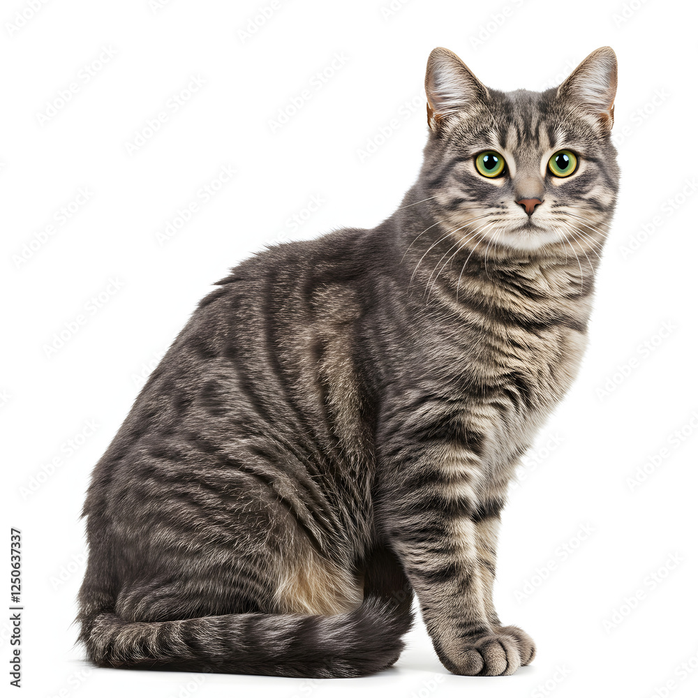 Fototapeta premium Gray Tabby Cat Sitting Isolated on White Background