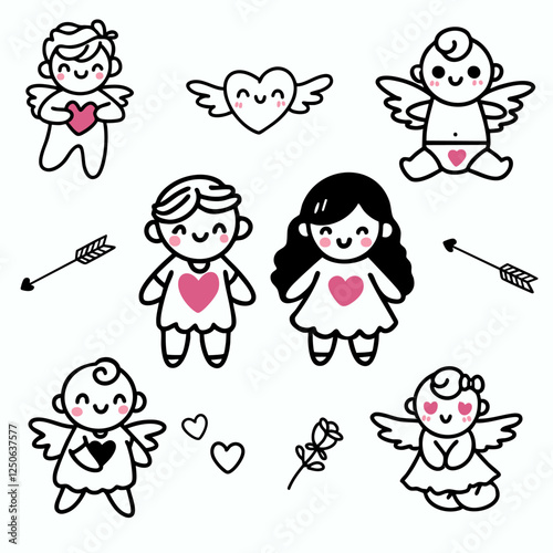 A collection of adorable cupids illustrations in a minimalist style. Perfect for Valentine’s Day, wedding invitations, baby showers, and other romantic or cute designs.