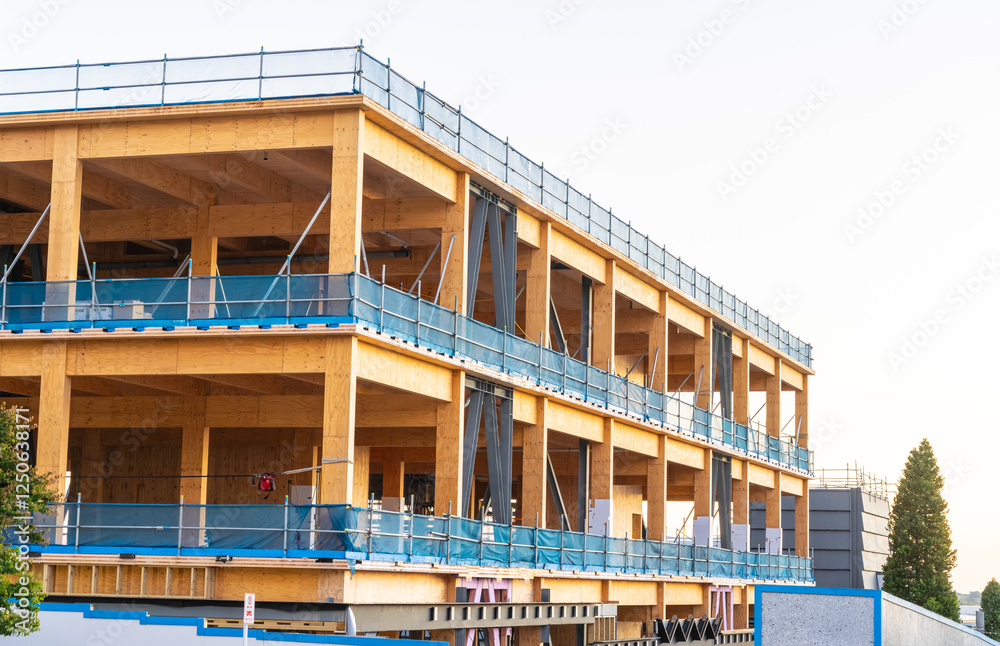 Obraz premium Multi-level wooden and steel framed building under construction with blue mesh and scaffolding edge protection