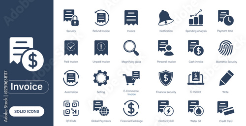 Solid vector icons themed around invoices, online payments, sales, accounting, and finance.