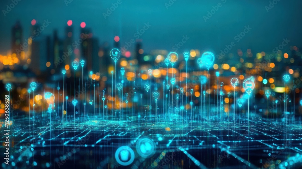Fototapeta premium AI-driven atmospheric water collection, intelligent humidity sensors optimizing water harvesting in urban environments, neon cityscape