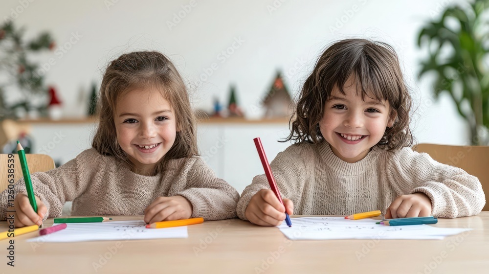 Two Happy Girls Drawing at a Table Two Happy Girls Drawing at a Table