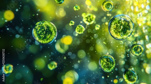 Algae oil under a microscope with a blue holographic effect, glowing cellular structures, floating bio-energy particles, hyper-realistic scientific visualization, macro depth of field