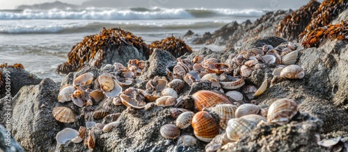 Coastal landscape featuring rocks adorned with crustacean shells and seaweed at low tide with gentle waves in the background photo