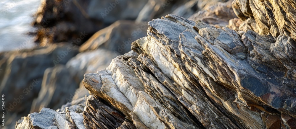 Close-up texture of layered scree rocks on a shoreline with soft lighting showcasing natural patterns and colors in geological formations. Close-up texture of layered scree rocks on a shoreline with soft lighting showcasing natural patterns and colors in geological formations.