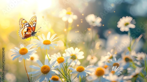 Chamomiles daisies macro in summer spring field on background blue sky with sunshine and a flying butterfly, nature panoramic view. Summer natural landscape with copy space.