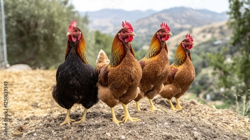 Farm scene Four chickens stand in a row on a hilltop, countryside in the background photo