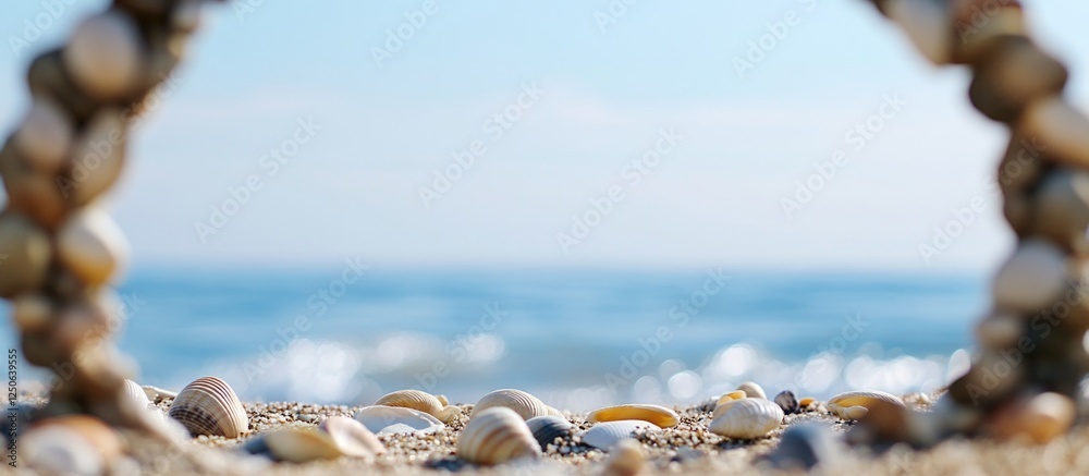 Seashells forming a frame on sandy beach with ocean view Summer theme empty space for text or marketing purposes Seashells forming a frame on sandy beach with ocean view Summer theme empty space for text or marketing purposes