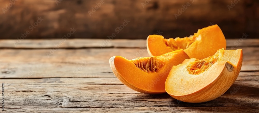 Ripened pumpkin halves on rustic wooden table showcasing fresh organic produce with blank space for text or marketing purposes Ripened pumpkin halves on rustic wooden table showcasing fresh organic produce with blank space for text or marketing purposes