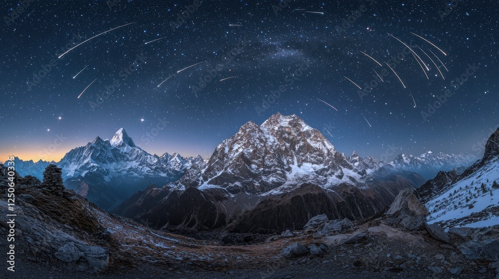 Meteor shower over snowy mountain range. Backdrop for space science or travel Meteor shower over snowy mountain range. Backdrop for space science or travel