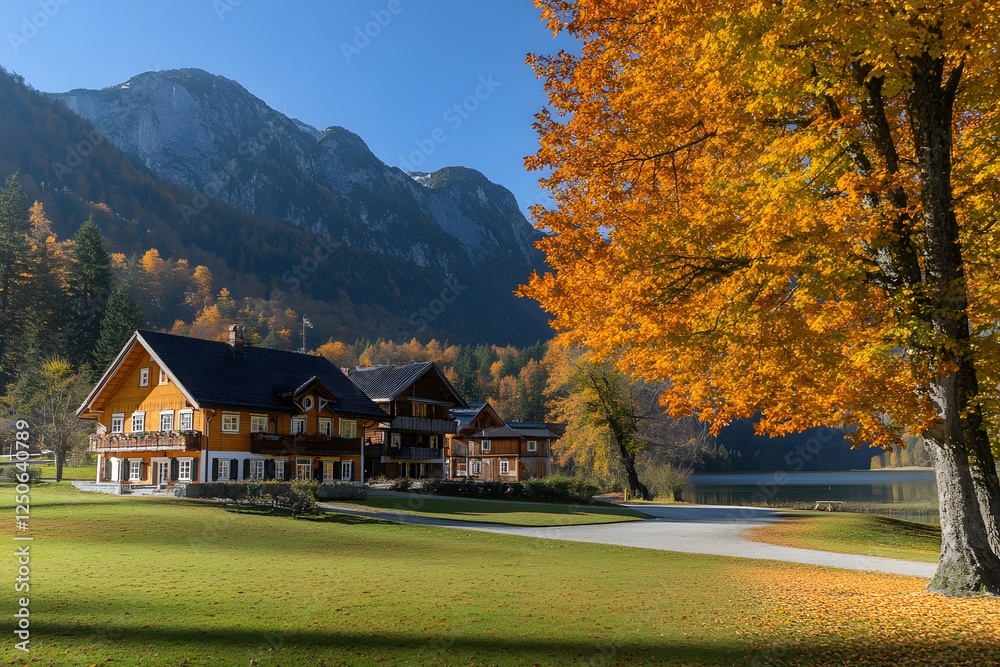 Alpine autumn house, lake view, golden foliage, mountain backdrop, travel brochure Alpine autumn house, lake view, golden foliage, mountain backdrop, travel brochure