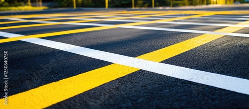 Wallpaper Mural Detailed close-up of freshly painted road markings on asphalt highlighting clear yellow and white lines in a vibrant urban setting Torontodigital.ca