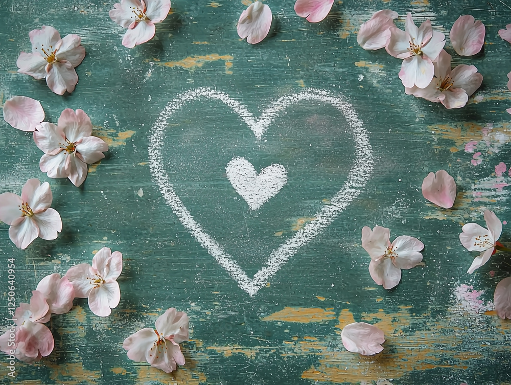 Fototapeta premium The Valentine Day Concept: A close-up of a classic green chalkboard with a soft white heart and sakura petals, evoking a serene, handmade, and romantic Valentine’s Day atmosphere