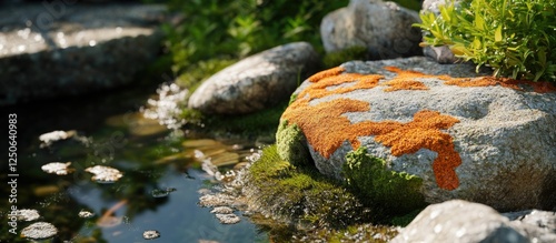 Rugged stones adorned with vibrant lichen beside a tranquil stream in a serene natural setting. photo