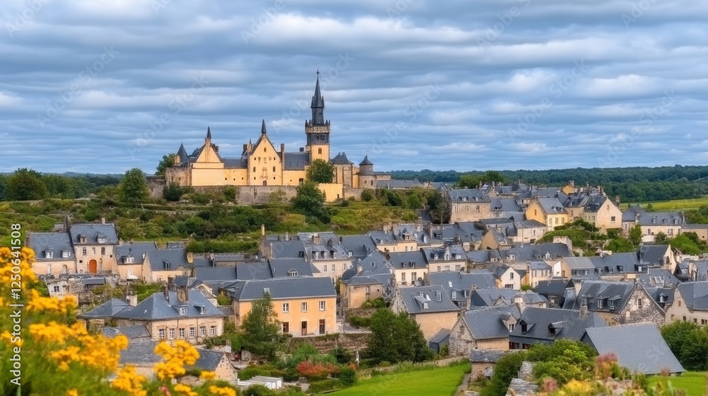 Obraz premium Scenic view of a castle overlooking a quaint village under a cloudy sky.