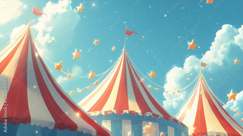 Red and white circus tents with a blue starry cover under a sunny sky. Red and white circus tents with a blue starry cover under a sunny sky.
