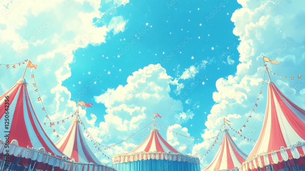 Red and white circus tents with a blue starry cover under a sunny sky. Red and white circus tents with a blue starry cover under a sunny sky.
