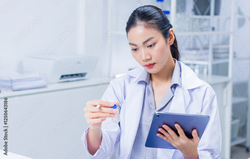 Asian professional female scientist, medical woman researcher with Vaccine Ampoule examining testing at laboratory. Woman doctor looking at blood test tube working on vaccination development. Asian professional female scientist, medical woman researcher with Vaccine Ampoule examining testing at laboratory. Woman doctor looking at blood test tube working on vaccination development.