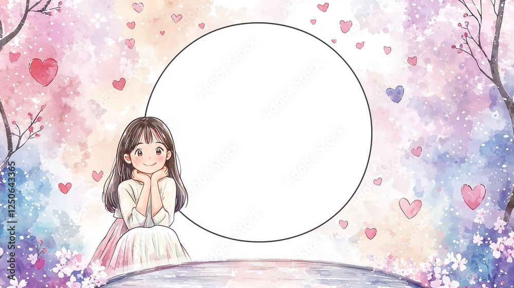 The Valentine Day Concept, Cheerful Asian Girl on Cherry Blossom Walkway with Floating Hearts, Pastel Spring Watercolor Palette, Simple Clip Art Postcard Design, Clean and Harmonious Composition The Valentine Day Concept, Cheerful Asian Girl on Cherry Blossom Walkway with Floating Hearts, Pastel Spring Watercolor Palette, Simple Clip Art Postcard Design, Clean and Harmonious Composition