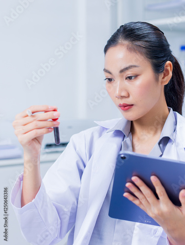 Asian woman expert Scientist checklist for DNA, blood test, medical exam result for vaccine development on tablet sit at laboratory. Medical science vaccine research and development for medical.