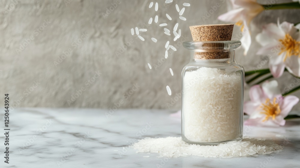Scented coconut rice in a glass bottle on marble with falling petals and space for creative text or branding design Scented coconut rice in a glass bottle on marble with falling petals and space for creative text or branding design