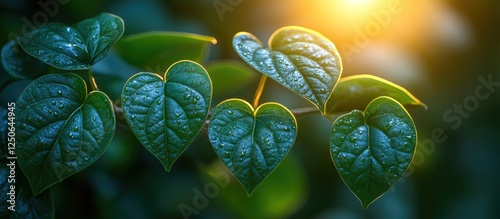 Heart-shaped green betel leaves in a lush bush captured in soft sunlight, showcasing their texture and vibrant color.