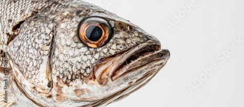 Close-up of sea bass fish head with intricate details on a clean white background photo