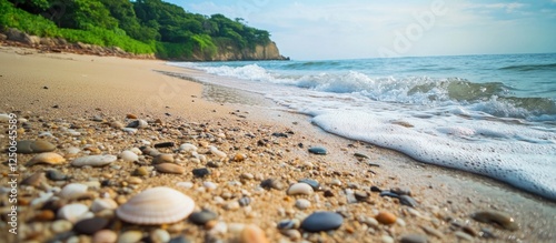 Tranquil rocky beach landscape featuring sand, pebbles, and gentle waves under a clear blue sky with lush greenery in the background.