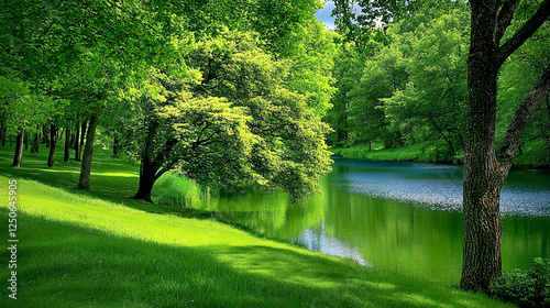 A beautiful forest with clear blue water in the middle, surrounded by trees and grass on both sides. A serene natural landscape, filled with the vibrant colors of green. 