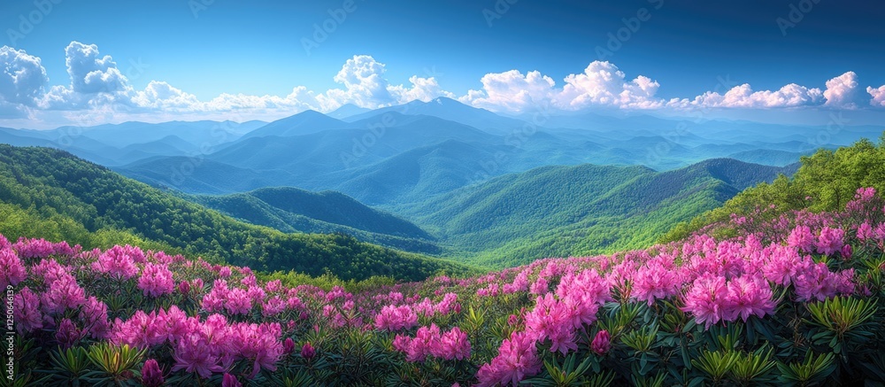 Vibrant green valley in the mountains adorned with blooming pink rhododendrons under a clear summer sky. Vibrant green valley in the mountains adorned with blooming pink rhododendrons under a clear summer sky.