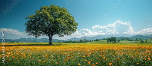 Lush green tree in a vibrant meadow with colorful flowers under a clear blue sky and mountain backdrop on a sunny day.