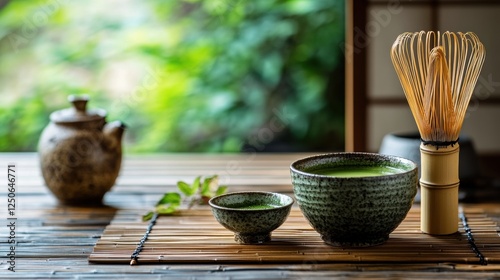 Japanese matcha tea ceremony, featuring a traditional tea set, a bamboo whisk, and a ceramic matcha bowl, with soft natural lighting and an elegant tatami mat background