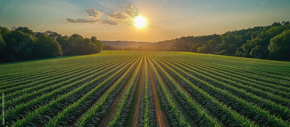 Aerial view of lush green sweetcorn fields at sunset with vibrant sunlight illuminating the landscape and rows of crops in perspective. Aerial view of lush green sweetcorn fields at sunset with vibrant sunlight illuminating the landscape and rows of crops in perspective.