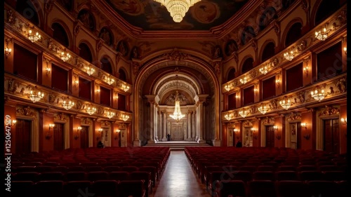 Grand Opera Hall Interior With Golden Chandeliers And Red Seats