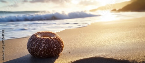 Sea biscuit Clypeaster rosaceus urchin resting on sandy beach at sunset with gentle waves in the background creating a serene coastal scene photo