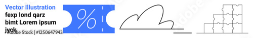 Blue discount ticket, outlined cloud, stacked blocks in simple flat design. Ideal for sales, logistics, weather, commerce, creativity planning supply chain. Abstract line flat metaphor