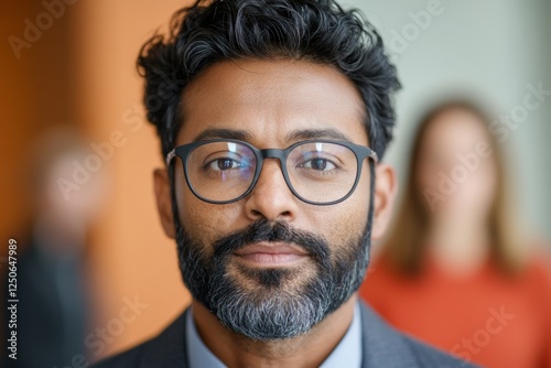 Contemporary Executive Focus Modern Charcoal Suit and Wire-Rimmed Glasses - Global Business Strategy in Digital Meeting for Corporate Professionals Aged 35-45 photo