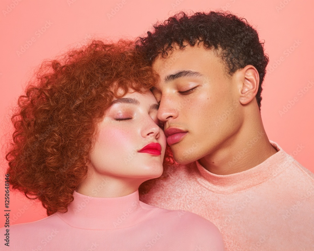Obraz premium Pastel Romance Portrait Multicultural Couple in Cozy Knitwear - Emotional Bonding and Affectionate Content for Modern Relationship Campaigns