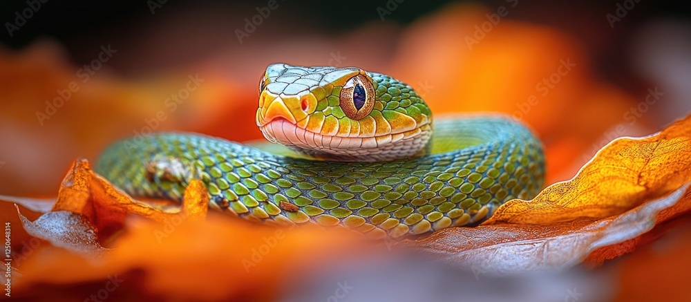 Green snake resting among vibrant autumn leaves in a close-up nature shot showcasing its scales and colors. Green snake resting among vibrant autumn leaves in a close-up nature shot showcasing its scales and colors.
