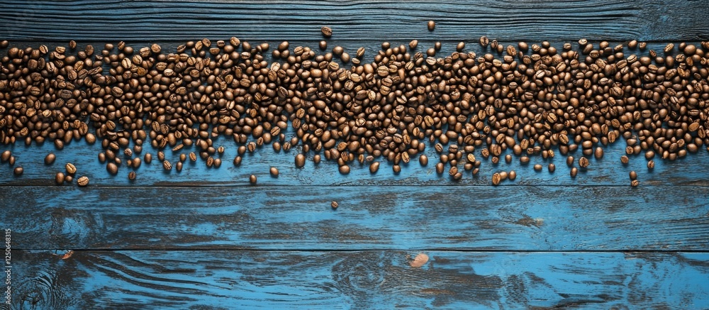 Roasted coffee beans spread on a blue wooden surface showcasing rich flavors and aromas perfect for coffee shop advertising or culinary uses. Roasted coffee beans spread on a blue wooden surface showcasing rich flavors and aromas perfect for coffee shop advertising or culinary uses.