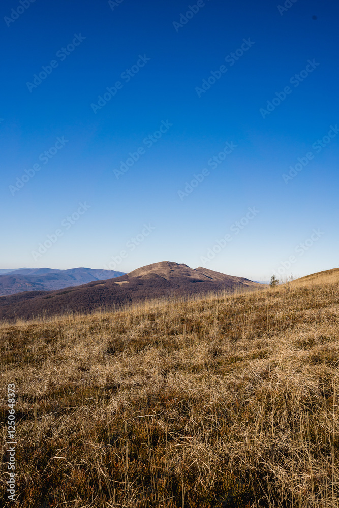 Scenic autumn landscapes from a trekking loop in Bieszczady, featuring views from Tarnica, Halicz, Rozsypaniec, Bukowe Berdo, Połonina Wetlińska, and the Ukrainian Bieszczady under a clear blue sky Scenic autumn landscapes from a trekking loop in Bieszczady, featuring views from Tarnica, Halicz, Rozsypaniec, Bukowe Berdo, Połonina Wetlińska, and the Ukrainian Bieszczady under a clear blue sky
