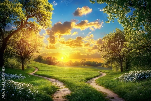 Sunset paths diverge in spring meadow, nature scene