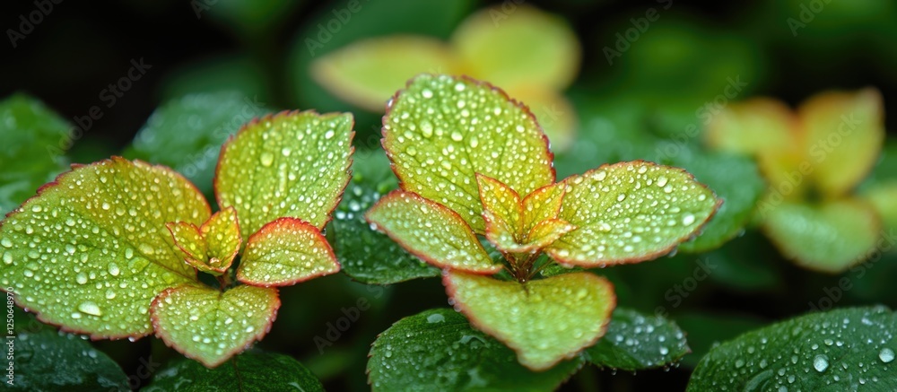 Close-up of vibrant green rose leaves with red streaks adorned with glistening raindrops showcasing nature's beauty after rainfall Close-up of vibrant green rose leaves with red streaks adorned with glistening raindrops showcasing nature's beauty after rainfall