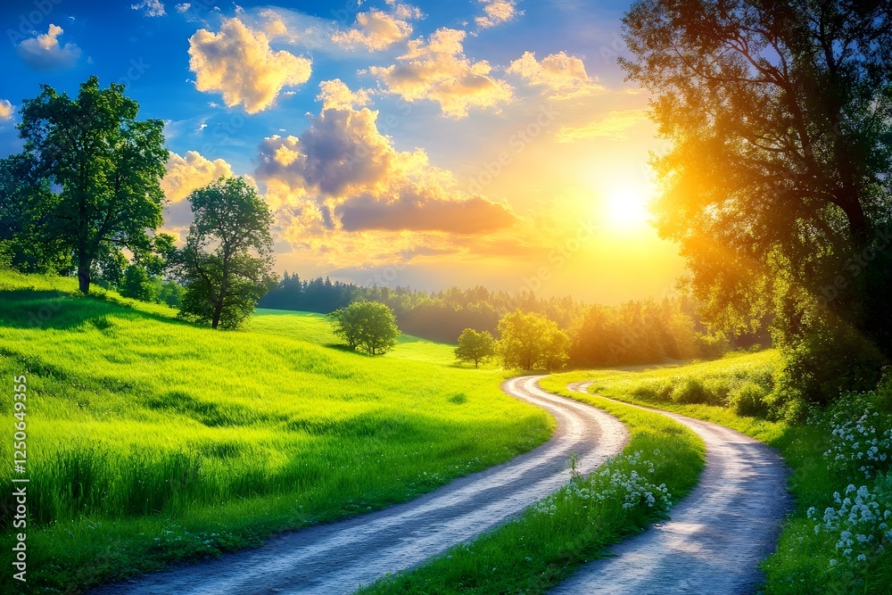 Sunset scenic countryside road winding through green hills Sunset scenic countryside road winding through green hills