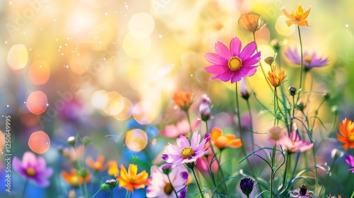 Colorful flower meadow with sunbeams and bokeh lights in summer - nature background banner with copy space - summer greeting card